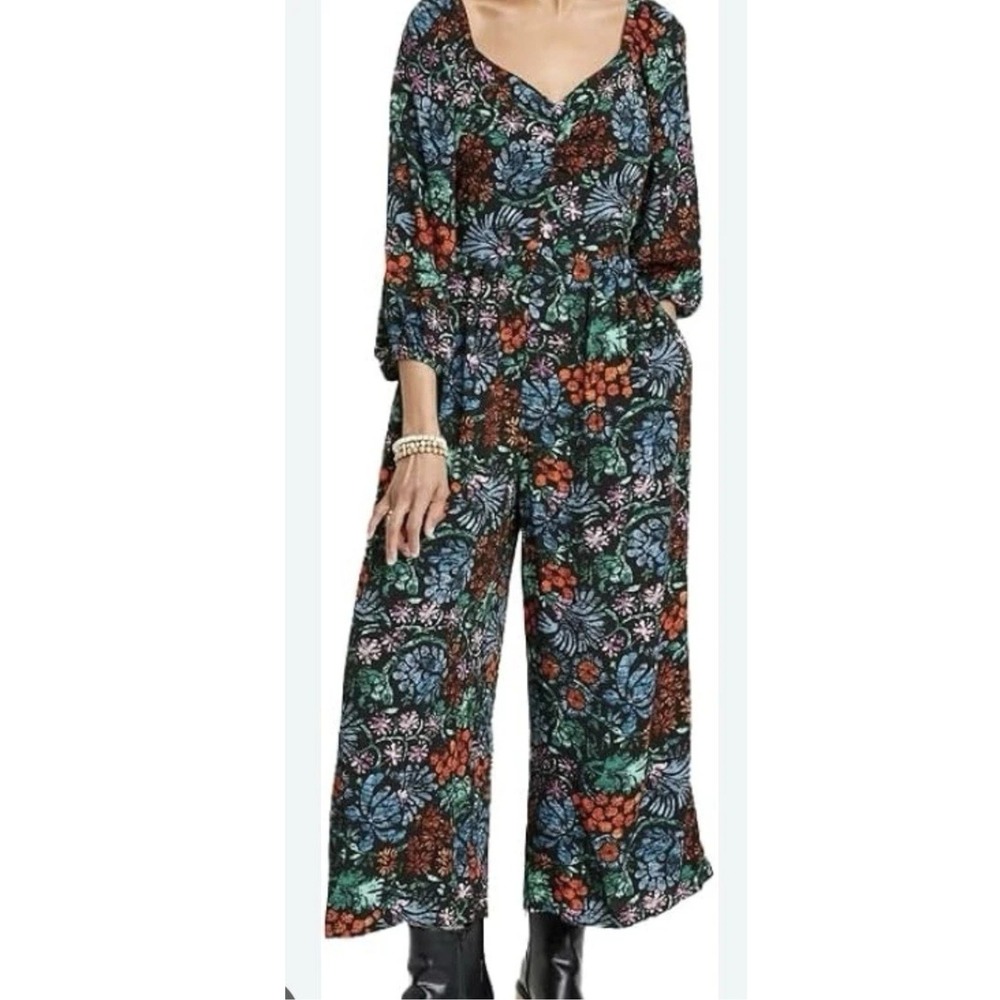Knox Rose Floral V-Neck Jumpsuit 3X Black Multi Puff Sleeve Wide Leg Pocket